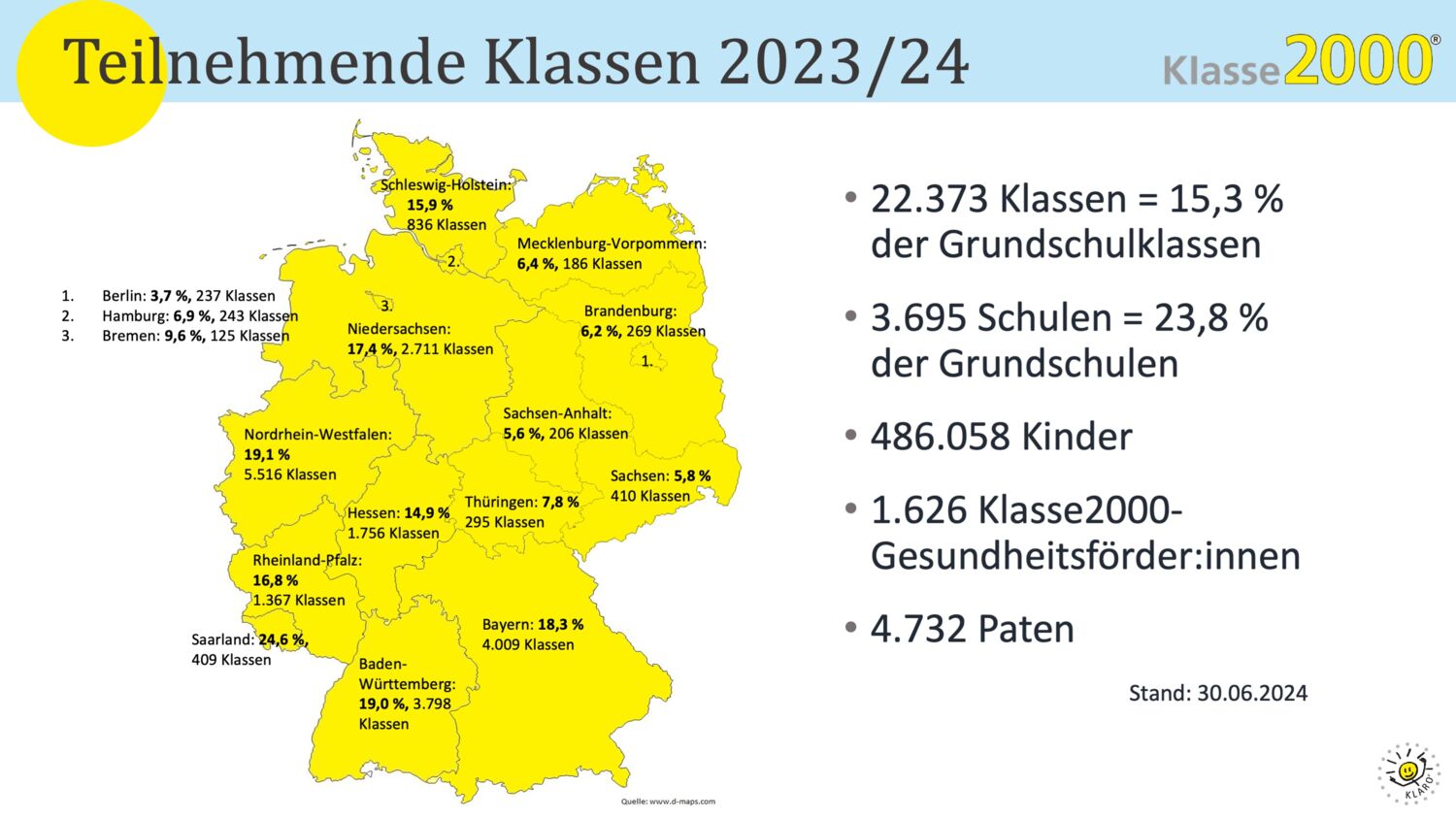 Klasse2000 – Landkarte teilnehmender Klassen im Schuljahr 2023/24